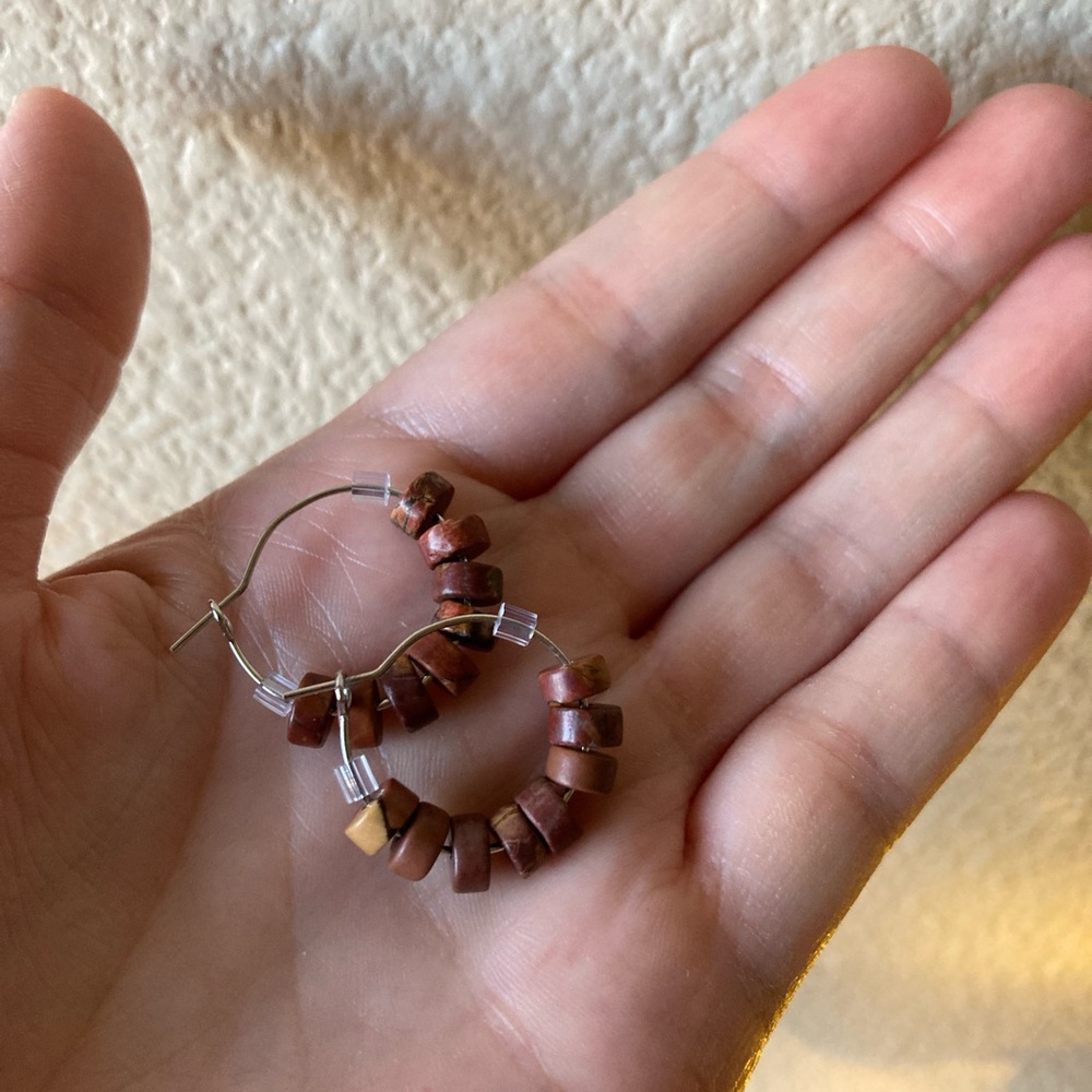 Handmade Picasso Jasper Beaded Hoop Earrings - Picture 3 of 8